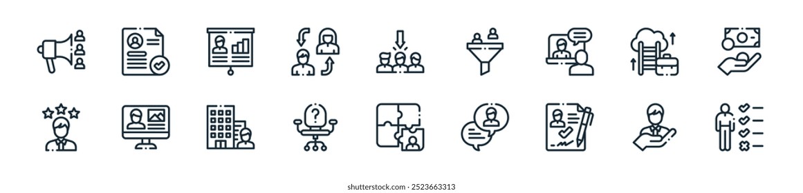 pacote de ícones de recrutamento moderno. perfeito para designs de iu lineares com avaliação vetorial, recrutamento, contrato, entrevista, candidato, vaga, empresa e mais ícones para aplicativos móveis e da web.