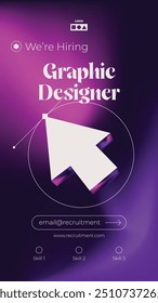 A modern recruitment poster with a grainy gradient background in vibrant purple tones, featuring bold typography and a prominent cursor icon. Perfect for creative job listings.