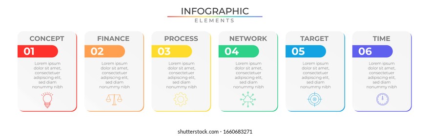 Modern rectangle infographic with six steps text box elements and icons. Chart process template. Modern vector for company or corporate business project and presentation. Trendy Eps10 design