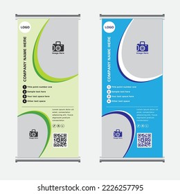 moderno rectángulo tamaño azul rollo verde pancarta diseño de plantilla vertical vector, fondo abstracto, banner de bandera moderno, semicírculo, pancarta de enrollamiento de exposición 