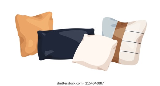 Rectángulo moderno y almohadas cuadradas. Cuadros rectangulares decorativos. Acogedora decoración interior casera para sofá, sofá. Maletas de almohadas mullidas y elegantes. Ilustración vectorial plana aislada en fondo blanco.