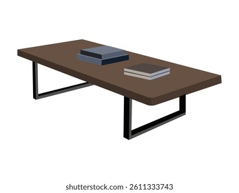 Modern rectangular coffee table with dark wooden top and metal legs, books placed on surface