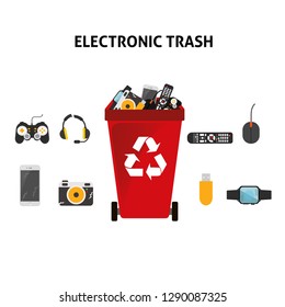 Modern Recycle Electronic Waste Garbage Bin And Trash Object Illustration Set