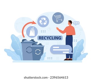 Modern recycling: man guiding digital waste reduction strategies with bin and eco icons. Streamlined tech meets sustainability. Flat vector illustration.