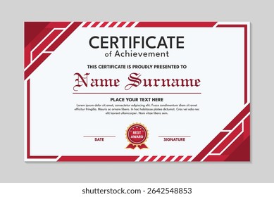 Modern red abstract achievement certificate design template, red and white certificate design template
