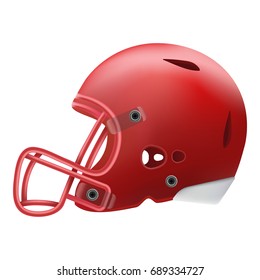 Modern Red American Football Helmet Side View Isolated On A White Background. Vector Illustration.  