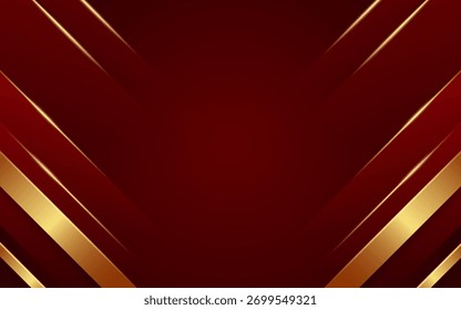 Fondo rojo moderno con líneas de esquina doradas en elegante diseño de lujo geométrico.