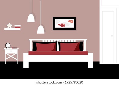 Modern red bedroom interior with furniture. Empty bedroom concept. Vector flat cartoon graphic design illustration with shadows. Family bedroom.