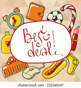 Modern red best deals sign with purchases: clock, ball, lipstick, socks and other.