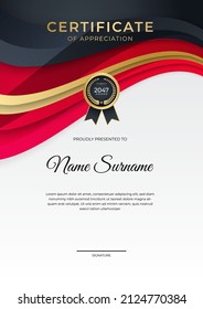 Modern red and black Certificate of achievement template set with gold badge and border. Corporate concept award diploma design background. Vector Illustration