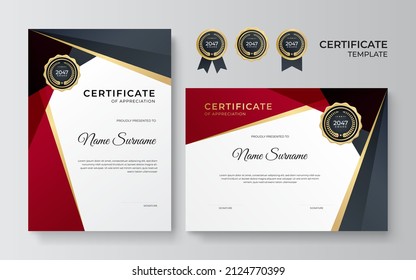 Modern red and black Certificate of achievement template set with gold badge and border. Corporate concept award diploma design background. Vector Illustration