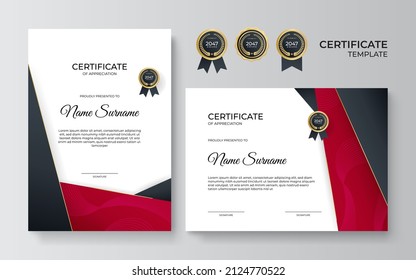 Modern red and black Certificate of achievement template set with gold badge and border. Corporate concept award diploma design background. Vector Illustration