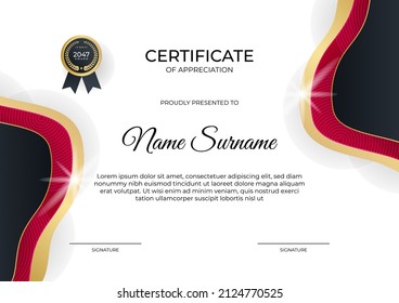 Modern red and black Certificate of achievement template set with gold badge and border. Corporate concept award diploma design background. Vector Illustration