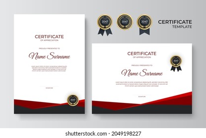 Modern red black certificate. Certificate of appreciation template, red and black color. Clean modern certificate with gold badge. Certificate border template with luxury and modern line pattern.