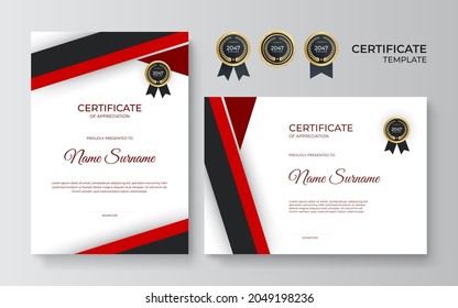 Modern red black certificate. Certificate of appreciation template, red and black color. Clean modern certificate with gold badge. Certificate border template with luxury and modern line pattern.