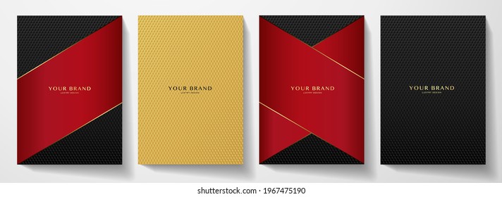 Modern red, black cover design set. Creative abstract with diagonal line, carbon pattern (triangle texture) on background. Premium vector collection for catalog, brochure template, magazine, booklet