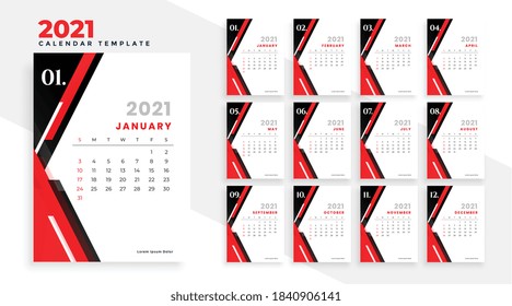 modern red and black new year 2021 calendar design template