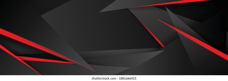 Modern red black tech banner vector background. Dark grey color. 3d overlap triangle pattern for premium business or corporate presentation. Luxury template with futuristic wide texture wallpaper