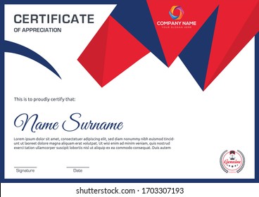 Modern red and blue certificate of appreciation for all types company and sectors