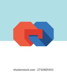 Moderno vermelho e azul intertravado formas geométricas ilustração com sombras longas, isolado no fundo branco, ideal para projetos de conceito de negócios.