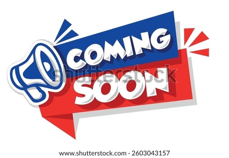 Modern red and blue vector banner ribbon Coming soon with megaphone. Vector on transparent background