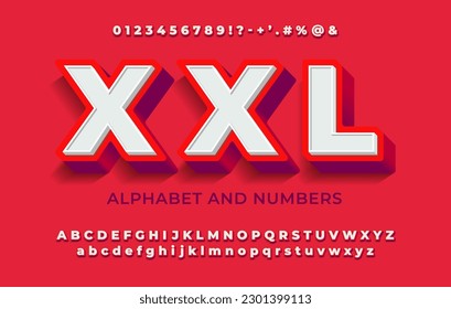 Modern red bold font and alphabet with 3d effect and shadow.