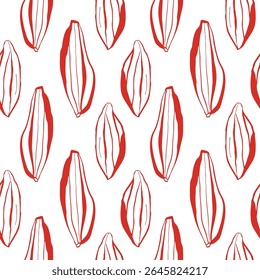 Padrão botânico vermelho moderno com vagens lineares sobre fundo branco para impressão de superfície têxtil de moda e design decorativo