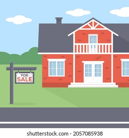 Modern red brick house with real estate sign. Home for sale sign for marketing design. Vector suburban house illustration.