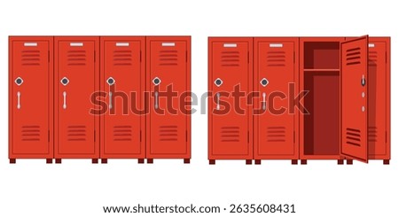 Modern red cabinets and open door closed door . On a transparent background. Metal cabinets-stands for different rooms. Painted in red.