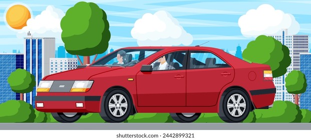 Modern Red Car and City Street with Green Trees. Sedan Vehicle with Driver and Passenger. Road Over Houses And Buildings Landscape. Urban Transportation. Flat Vector Illustration