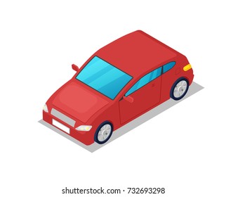 Modern red car isometric 3D icon. Comfortable family auto vehicle, people city transport isolated vector illustration on white background.