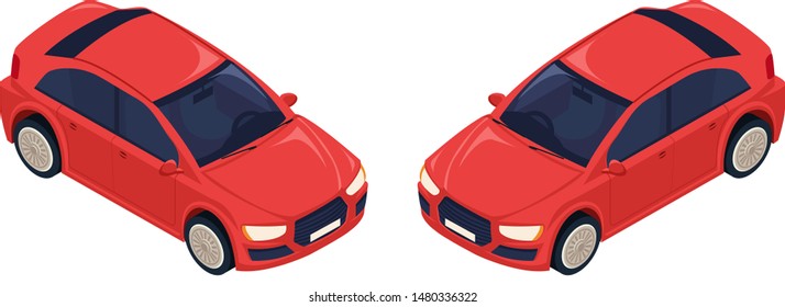 Modern Red Car. For The Middle Class. The Average European Car. Made In Vector Illustration In 3d Isometric Style