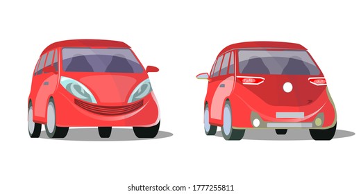 Auto rojo moderno de pie delante y detrás de la vista. Plantilla de automóvil aislada en fondo blanco. Ilustración plana vectorial del diseño del vehículo. Transporte personal, tráfico urbano. Comprar nuevo concepto automático
