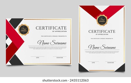 Modern red certificate of appreciation border template. Diploma certificate design with gold badge. Vector illustration