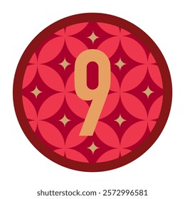 Modern Red Circle with Floral Patterns and Gold Number 9 for Decorative Use