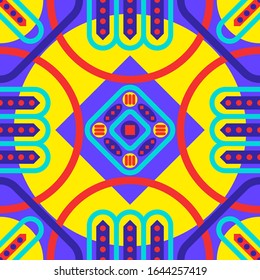 modern red circle and green rounded square geometric pattern on violet and yellow