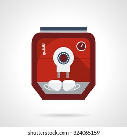 Modern red coffee machine with two white cups. Flat color style vector icon. Appliances for cafe, office or home. Design symbols for business and website.