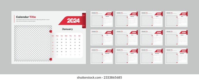 Modern red color desk calendar template of 2024 with accurate date format and image placeholder