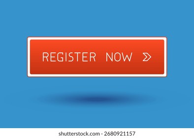 Moderno botão vermelho CTA com sombra, "Registrar agora" texto, ícone de seta, efeito 3D, elemento de interface do usuário da Web para landing pages, aplicativos móveis ou banners.