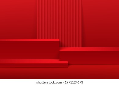 Modern red cube shape steps pedestal podium. Red minimal wall scene with vertical line texture in shadow. Vector rendering 3d shape, Product display presentation. Abstract room. Platform design.