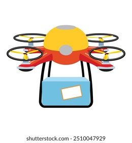 Modern red delivery drone carrying package with blank label for your text