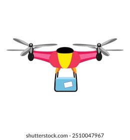 Modern red delivery drone flying with package, unmanned aerial vehicle, latest technology
