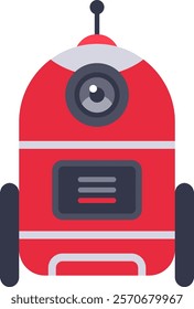 Modern red delivery robot moving on wheels and using artificial intelligence to transport goods, featuring a large eye, an antenna and a digital display showing information
