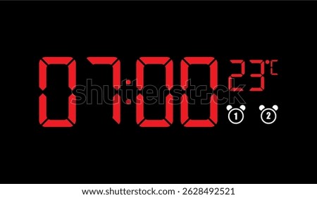 Modern Red Digital Clock Displaying 7:00 AM and 23 Degrees Celsius on a Sleek Black Background, Timekeeping, Temperature, Digital Display, Alarm Clocks