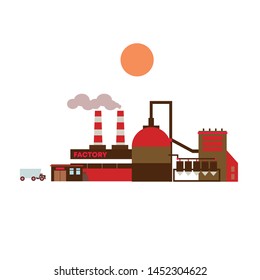 Modern red factory.  Environmentally friendly production.  Exterior of a factory with hulls and pipes.  Isolated flat vector illustration on background.