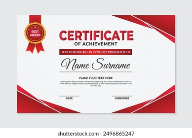 Plantilla geométrica roja moderna del certificado del logro del diseño en el fondo blanco, diseño moderno de la Plantilla del certificado con las Formas rojas y del oro