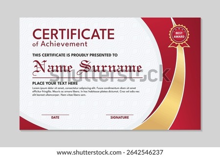 Modern red gold achievement certificate design template, modern certificate template design
