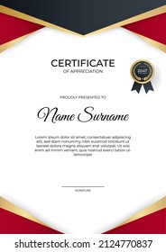 Modern red and gold Certificate of achievement template set with gold badge and border. Corporate concept award diploma design background. Vector Illustration