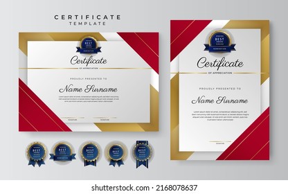 Modern red gold certificate of achievement border template with luxury badge and modern line pattern. For award, business, and education needs