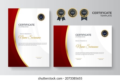 Modern red gold certificate template. Certificate of appreciation template. Clean simple certificate with gold badge. Certificate border template with elegant and trendy geometric pattern